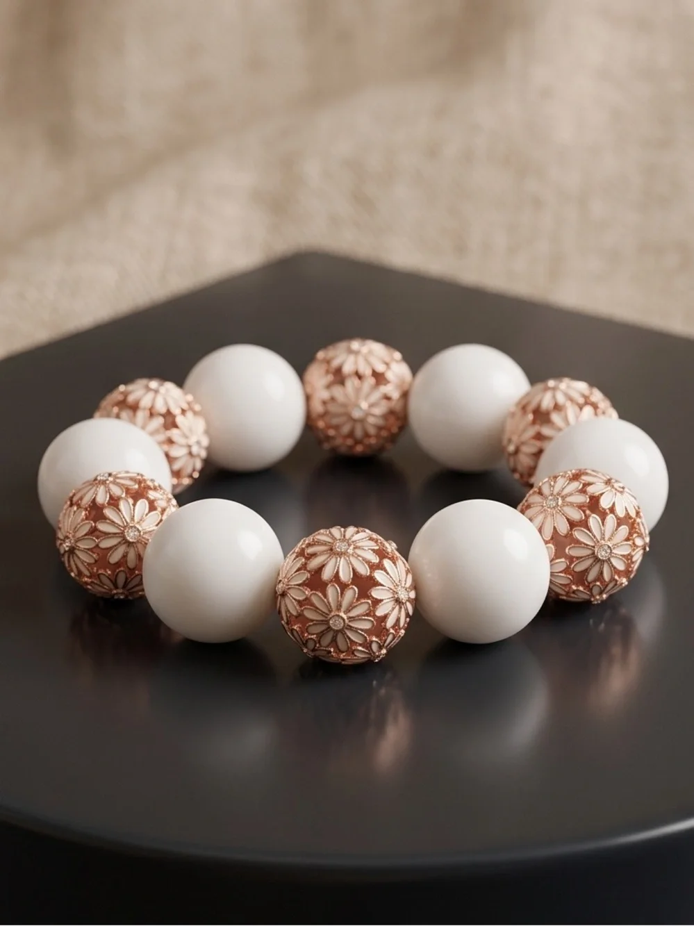 White Beaded Bracelet with Rose Gold Floral Accents